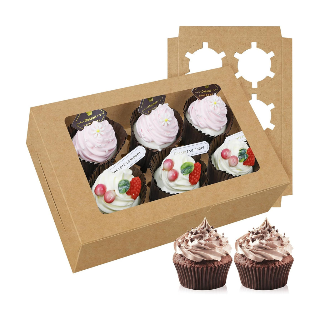 50-Set Cupcake Boxes Bulk with Clear Display Window Hold 6 Standard Cupcakes, Disposable Food Grade Brown Cupcake Carrier Cupcake Container, Perfect for Cupcakes Muffins Cookies Pastries