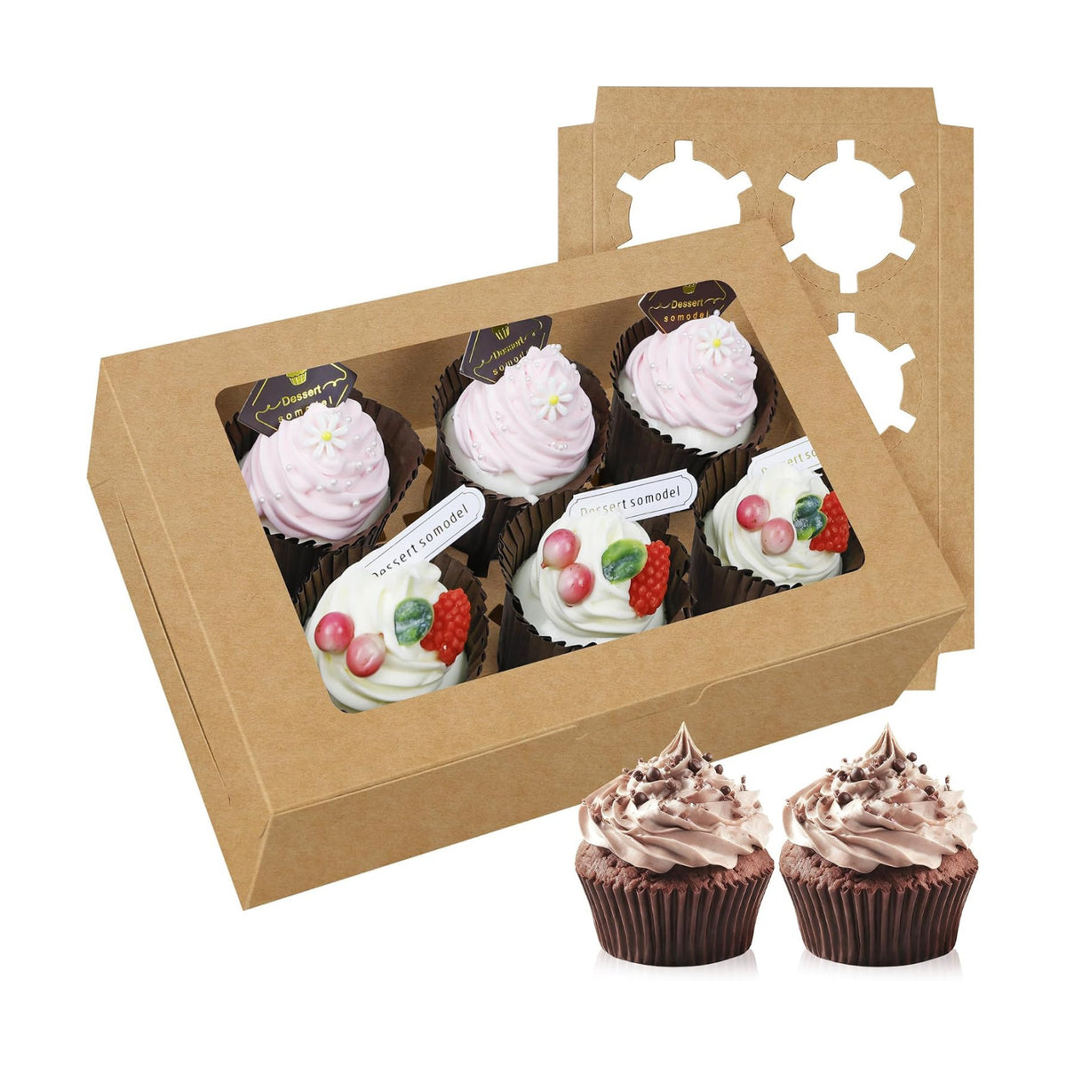 50-Set Cupcake Boxes Bulk with Clear Display Window Hold 6 Standard Cupcakes, Disposable Food Grade Brown Cupcake Carrier Cupcake Container, Perfect for Cupcakes Muffins Cookies Pastries