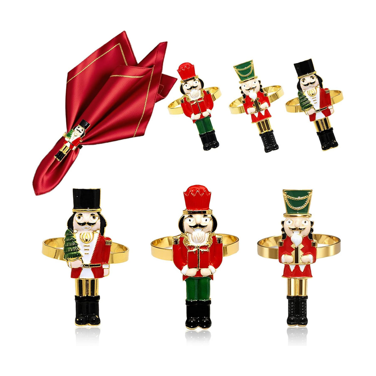 Christmas Nutcracker Napkin Rings Set of 6 for Xmas Thanksgiving New Year Party Wedding Banquet Decor,Gold Walnut Soldier Napkin Holders for Baby Shower Birthday Home Dinner Table Setting
