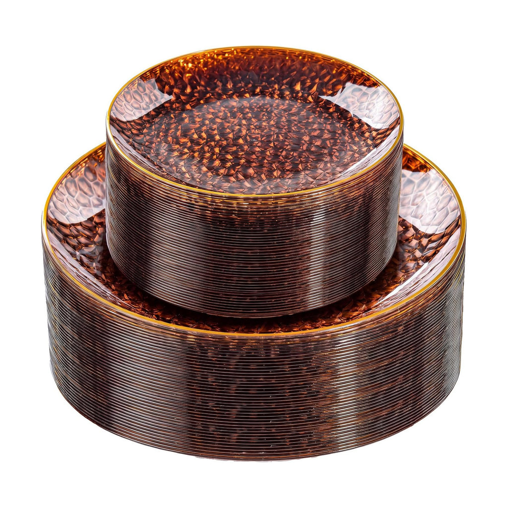 Rubtlamp 60Pcs Amber Plastic Plates - Brown Disposable Plates With Gold Rim, Clear Heavy-duty Party Plates, Hammered Plates Include 30 Dessert Platos, 30 Dinner Platos for Party