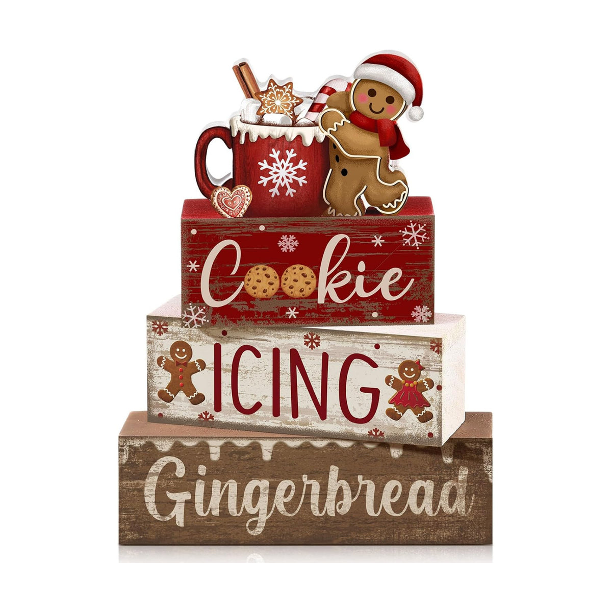 Moucuny 4 Pcs Christmas Table Decor Wooden Gingerbread Cocoa Block Signs