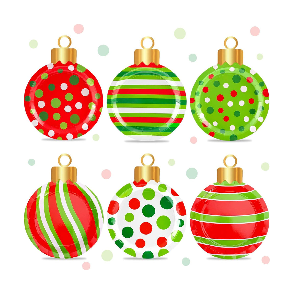 Whaline 60 Pcs Christmas Ball Paper Plates Dinner Plates 9 Inch Red Green Dots Stripe Christmas Ball Shape Disposable Plates for Xmas Winter Holiday Party Table Decor Supplies