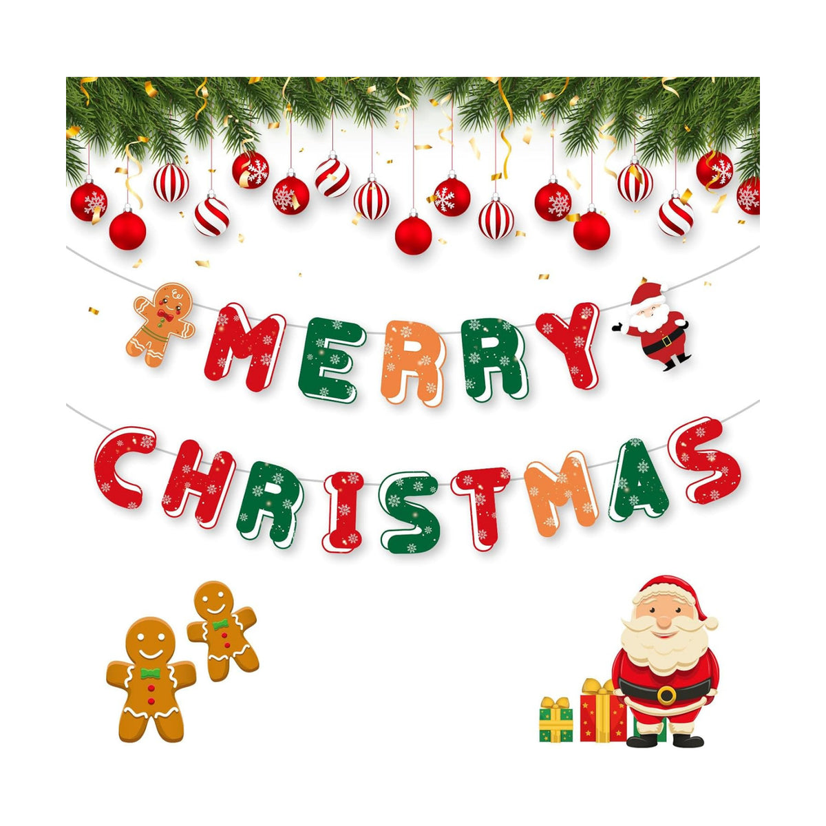 Merry Christmas Decorations Banners - Paper Christmas Banner, Santa Claus Reindeer Sign Garland Backdrop for Winter Xmas Indoor Outdoor Home Office Fireplace Wall Party Decor Supplies Favors Props