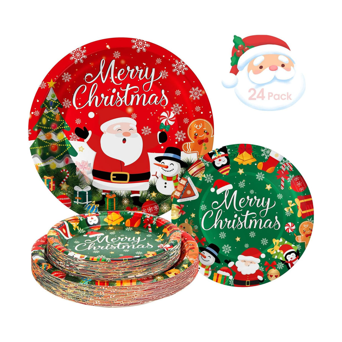 24 Pcs Merry Christmas Paper Plates - Cute Round Christmas Plates, Santa Claus Snowmen Dinner Dessert Plate Disposable Dinnerware Set for Winter Holiday Xmas Party Table Decorations Supplies Favors