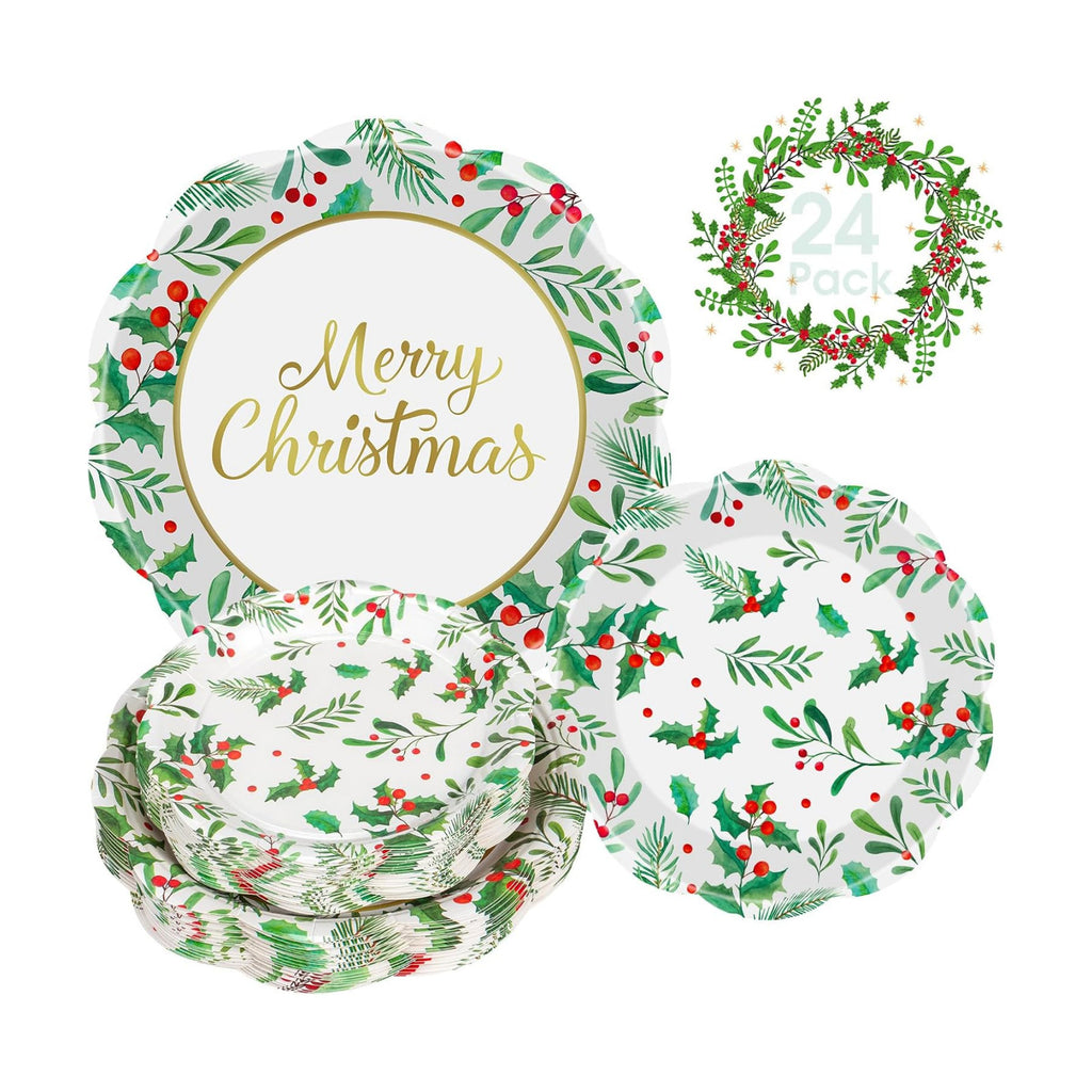 24 Pcs Merry Christmas Paper Plates Set - Disposable Round Christmas Plates, Holly Leaf Red Berry Dinner Dessert Plate Paper Dinnerware Kit for Winter Xmas Party Table Decorations Supplies Favors