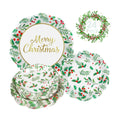 24 Pcs Merry Christmas Paper Plates Set - Disposable Round Christmas Plates, Holly Leaf Red Berry Dinner Dessert Plate Paper Dinnerware Kit for Winter Xmas Party Table Decorations Supplies Favors