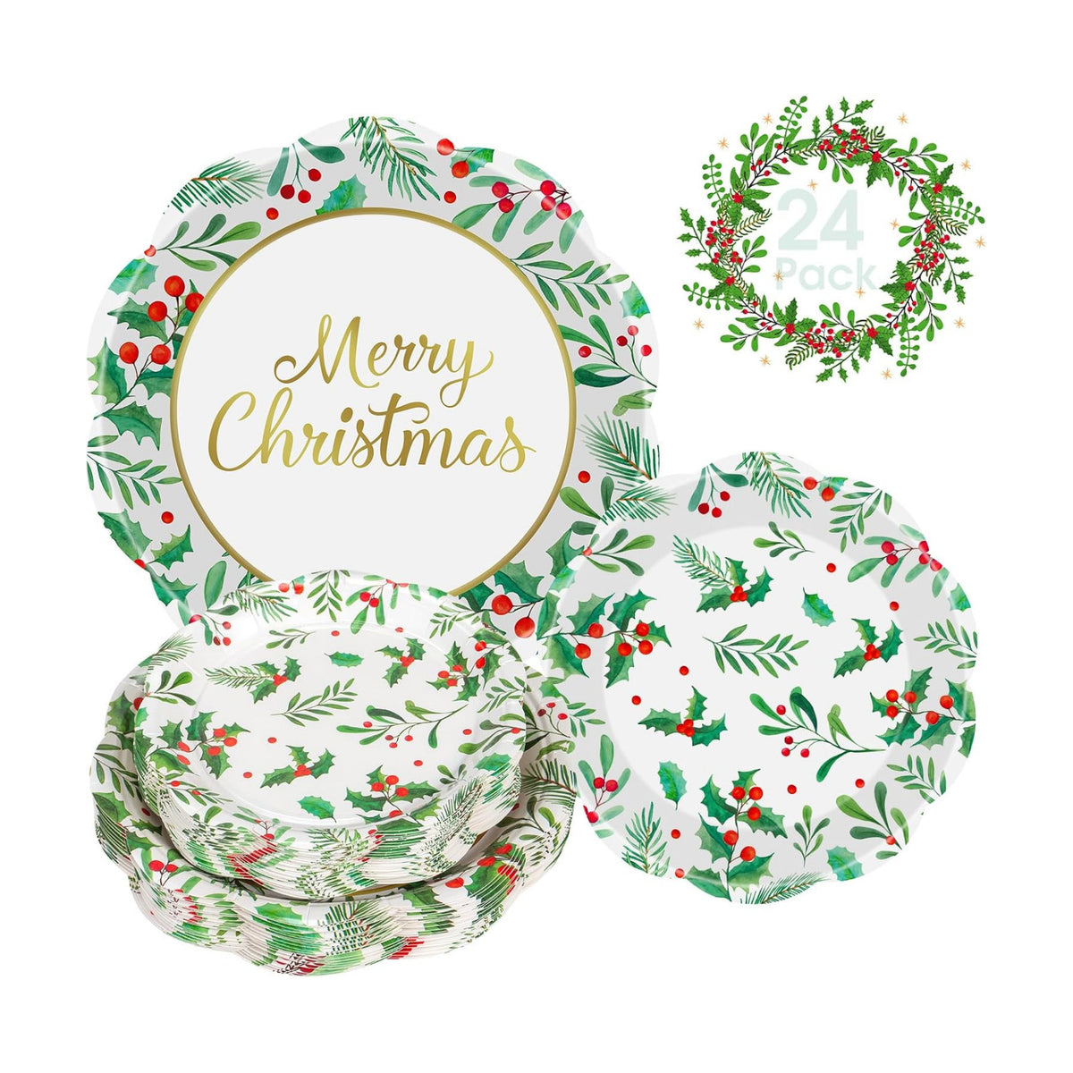 24 Pcs Merry Christmas Paper Plates Set - Disposable Round Christmas Plates, Holly Leaf Red Berry Dinner Dessert Plate Paper Dinnerware Kit for Winter Xmas Party Table Decorations Supplies Favors