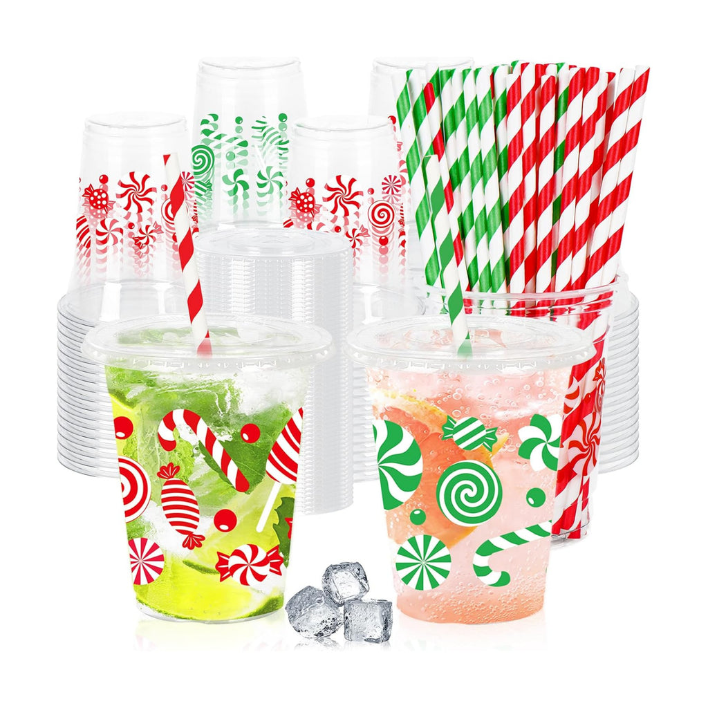 Whaline 100 Pcs 12 Oz Christmas Disposable Cup with Lid Straw Plastic Party Cup Red Green Peppermint Candy Cane Clear Glasses for Coffee Juice Cold Beverage Drink Xmas Holiday Party Supplies