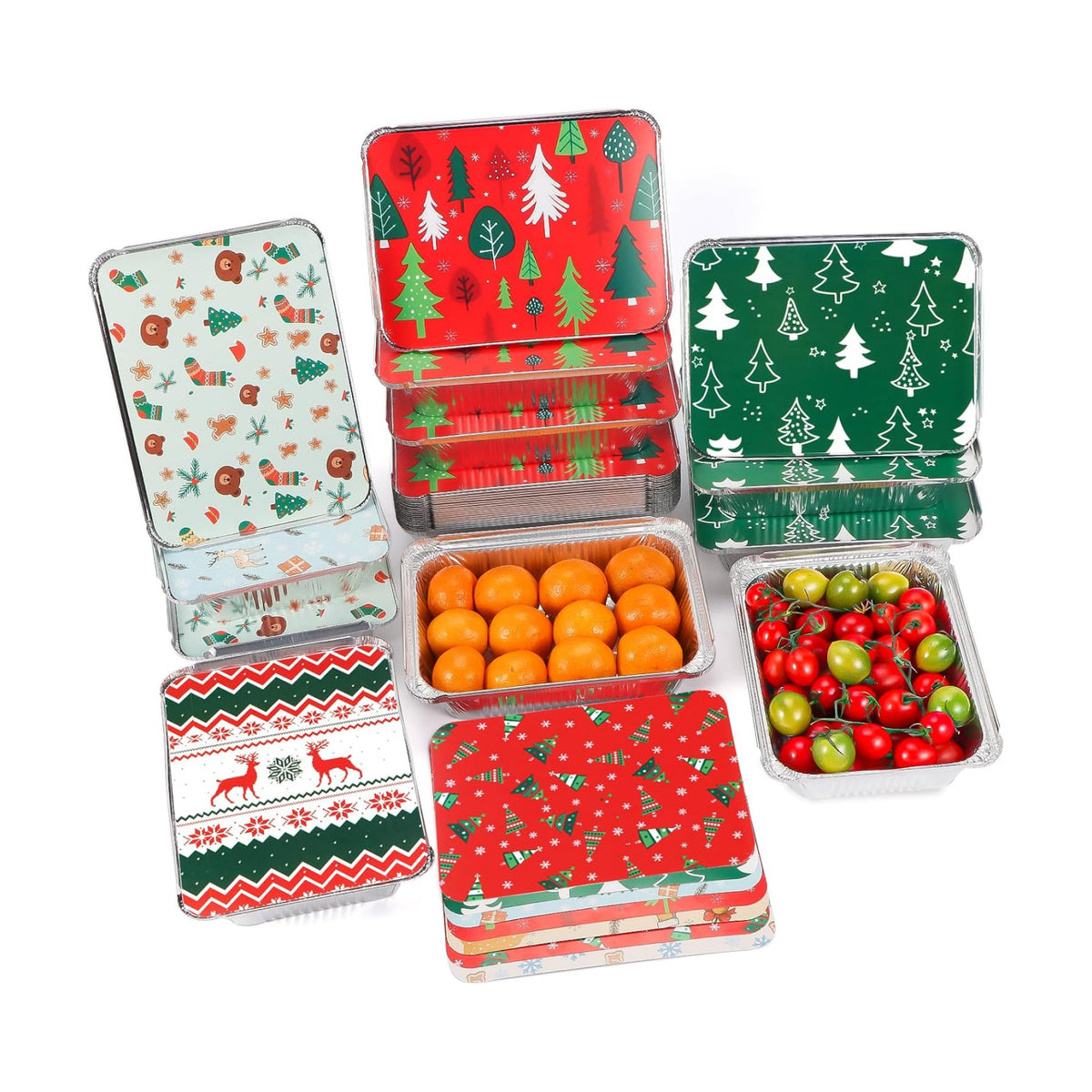 Atonofun 48 Pieces Christmas Foil Containers with Lids, 8 Holiday Designs, Holiday Food Containers, Disposable Cookie Tin Pan for Holiday Leftovers, Xmas Gift-Giving Party Supplies