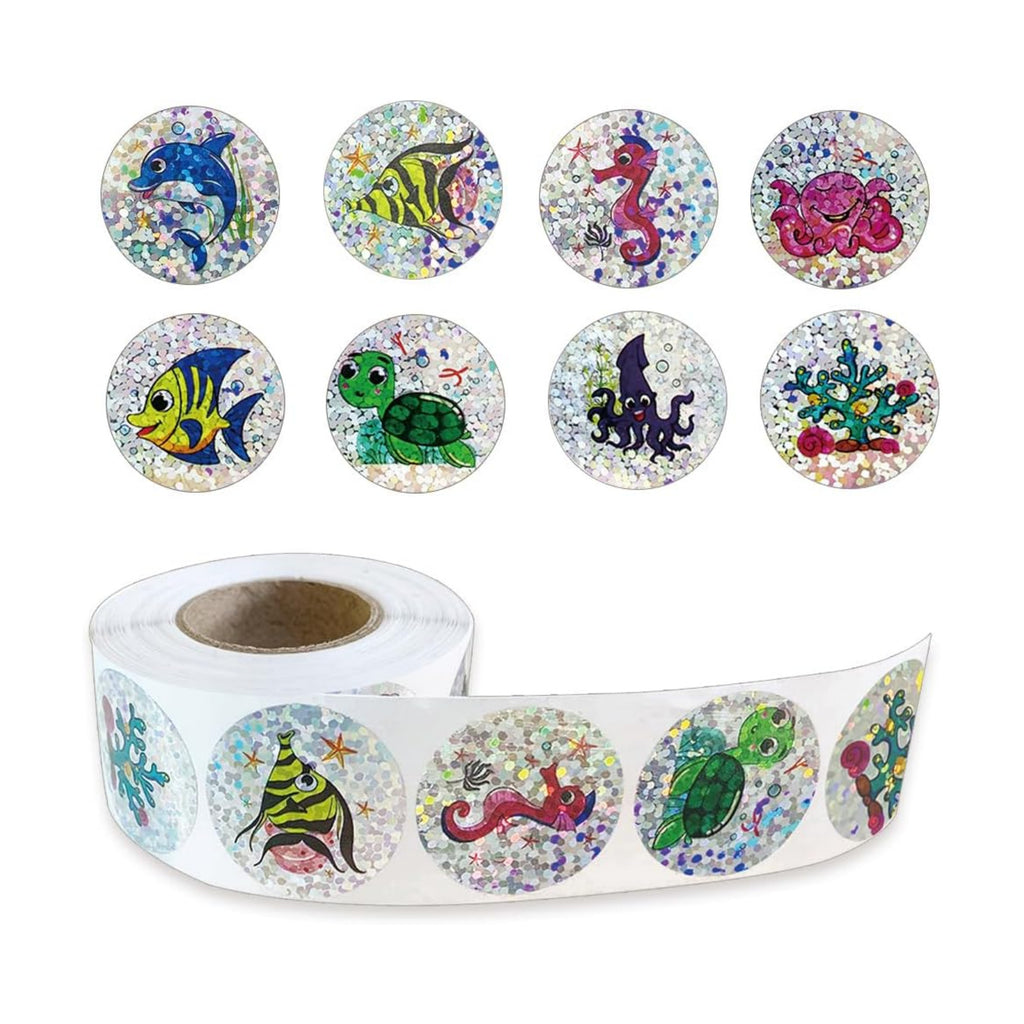 500Pcs Round Sea Animals Stickers 1in Glitter Self-Adhesive Decorative Ocean Life Label Stickers Roll for Birthday Party Favors Teacher Reward Encouragement Envelopes Supplies