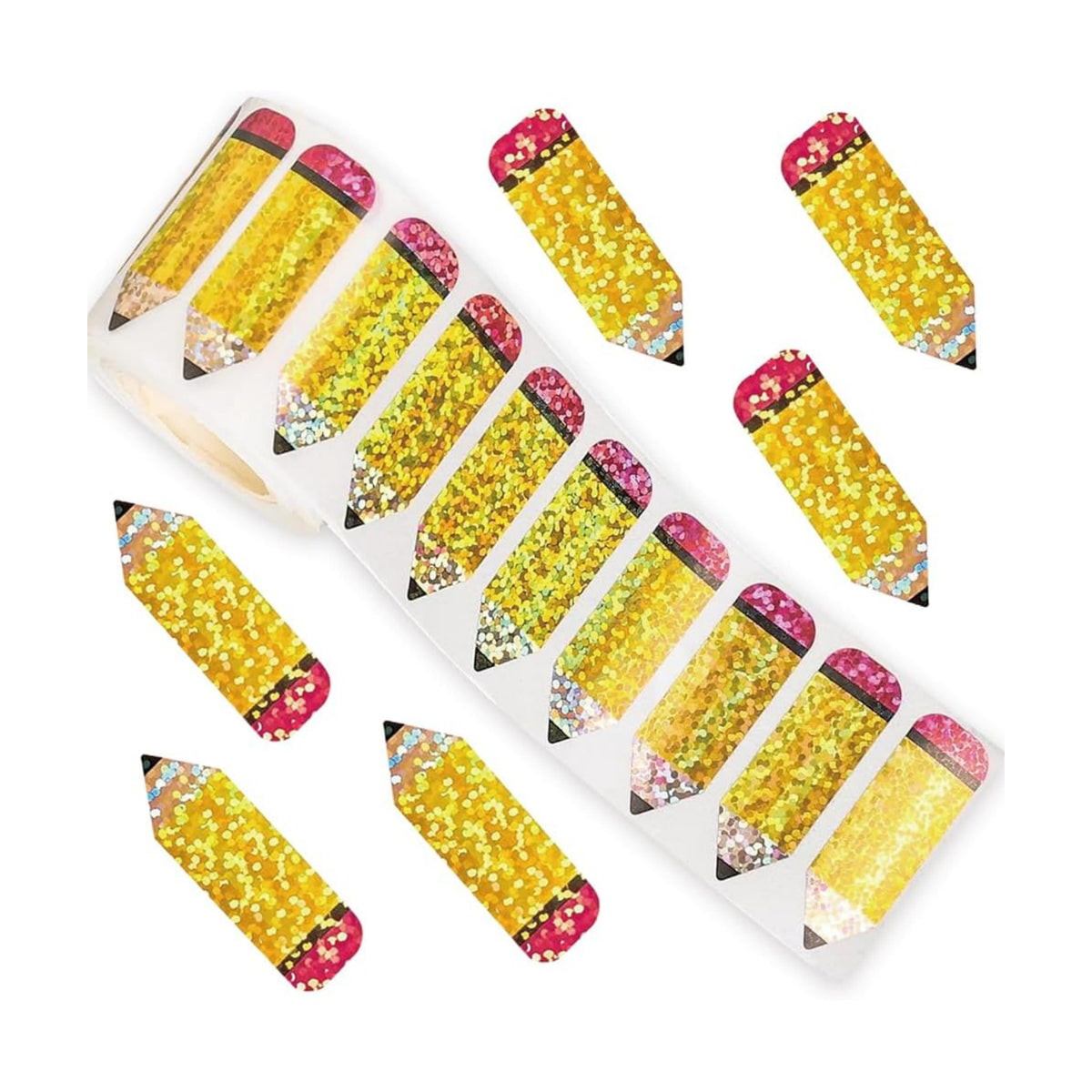 500Pcs Back to School Pencil Stickers Roll 1in Laser Pencil Waterproof Decals Self-Adhesive Sparkly Stationery Stickers for First Day of School Party Supplies Envelope Scrapbook Decorations