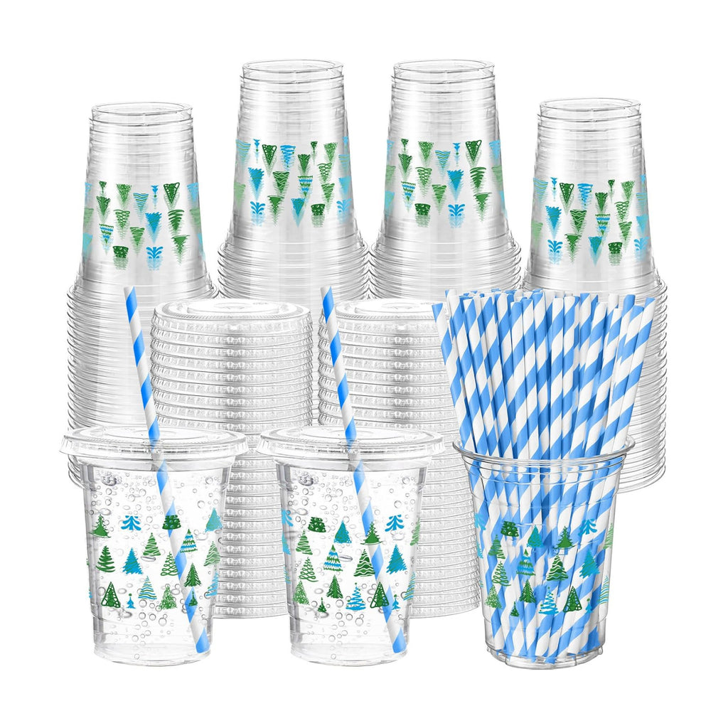 Funnymoom 50 Sets Christmas Disposable Plastic Cups Bulk with Lids Straws 16 oz Red Green Xmas Tree Plastic Cups Cold Beverage Drinking Container for Xmas Holiday Juice Hot Cold Drinks