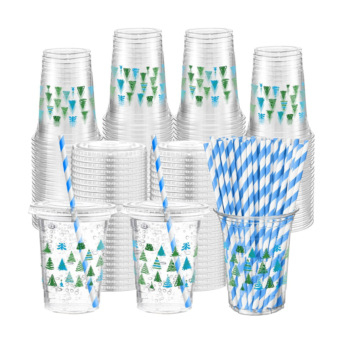 Funnymoom 50 Sets Christmas Disposable Plastic Cups Bulk with Lids Straws 16 oz Red Green Xmas Tree Plastic Cups Cold Beverage Drinking Container for Xmas Holiday Juice Hot Cold Drinks