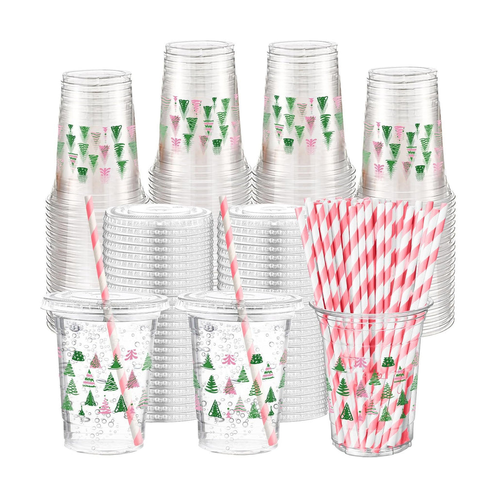 Funnymoom 50 Sets Christmas Disposable Plastic Cups Bulk with Lids Straws 16 oz Pink Green Xmas Tree Plastic Cups Cold Beverage Drinking Container for Xmas Holiday Juice Hot Cold Drinks