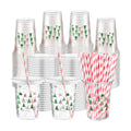 Funnymoom 50 Sets Christmas Disposable Plastic Cups Bulk with Lids Straws 16 oz Pink Green Xmas Tree Plastic Cups Cold Beverage Drinking Container for Xmas Holiday Juice Hot Cold Drinks