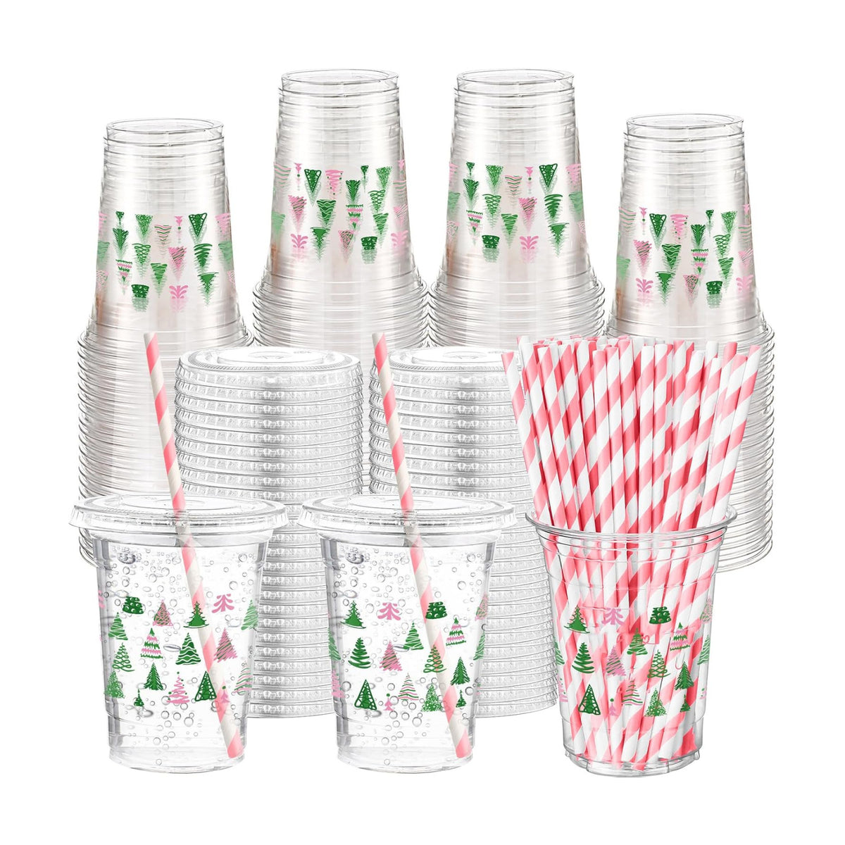 Funnymoom 50 Sets Christmas Disposable Plastic Cups Bulk with Lids Straws 16 oz Pink Green Xmas Tree Plastic Cups Cold Beverage Drinking Container for Xmas Holiday Juice Hot Cold Drinks