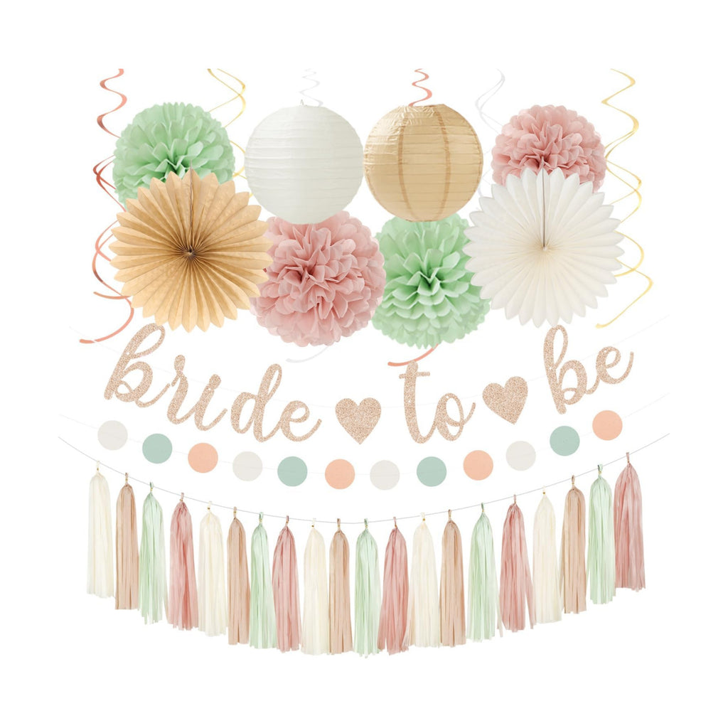 Sage-Green Pink-Beige Bridal-Shower Party-Decorations - 36pcs Bride to Be Banner,Bachelorette Paper Lanterns,Neutral Wedding Streamers Garland,Boho Tissue Pom Poms Flower Fan Decor Supplies Burgleda