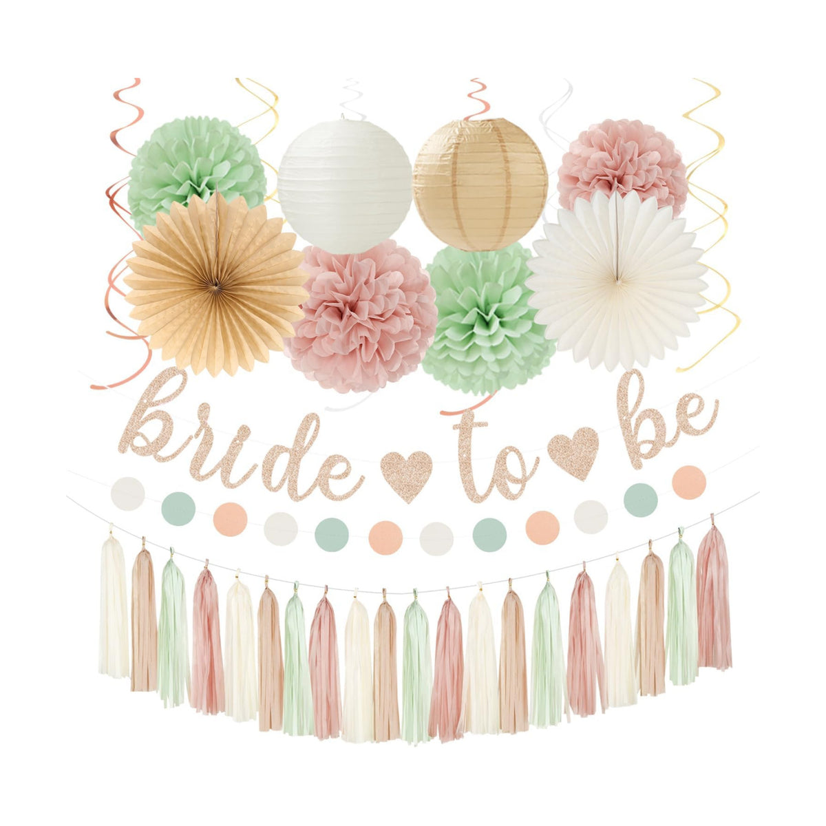 Sage-Green Pink-Beige Bridal-Shower Party-Decorations - 36pcs Bride to Be Banner,Bachelorette Paper Lanterns,Neutral Wedding Streamers Garland,Boho Tissue Pom Poms Flower Fan Decor Supplies Burgleda