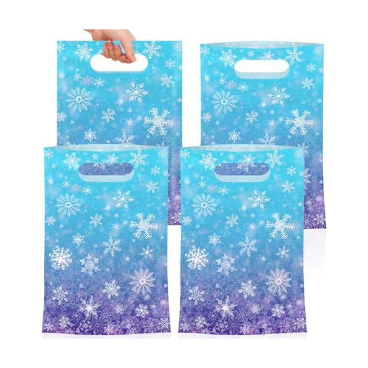 50 Pcs Winter Snowflake Gift Bags, Plastic Frozen Goodie Bags with Handles, Blue and Purple Candy Goodie Party Favor Bag for Winter Wonderland Christmas Birthday Decorations Frozen Party Supplies