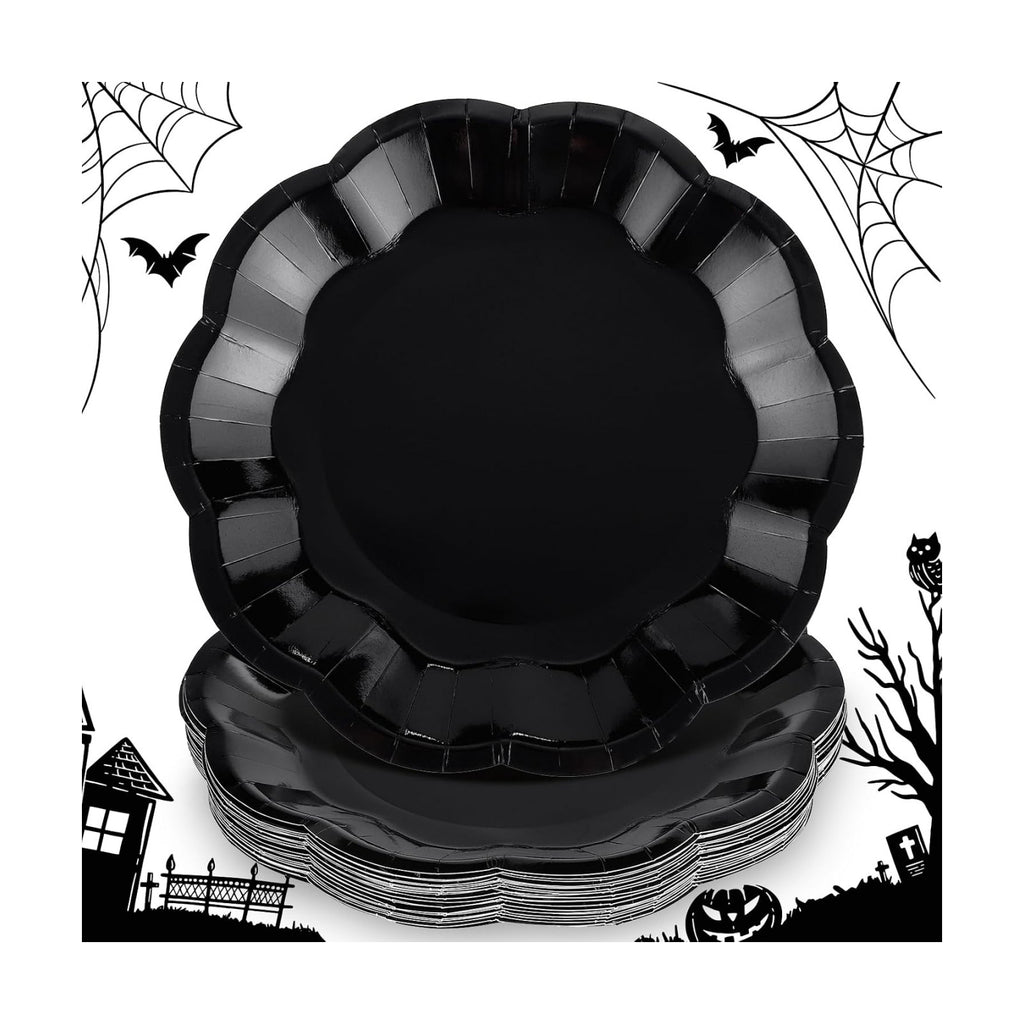 NatNarr 30 Pcs Black Paper Plates, 9 Inch Scalloped Halloween Dinner Plate