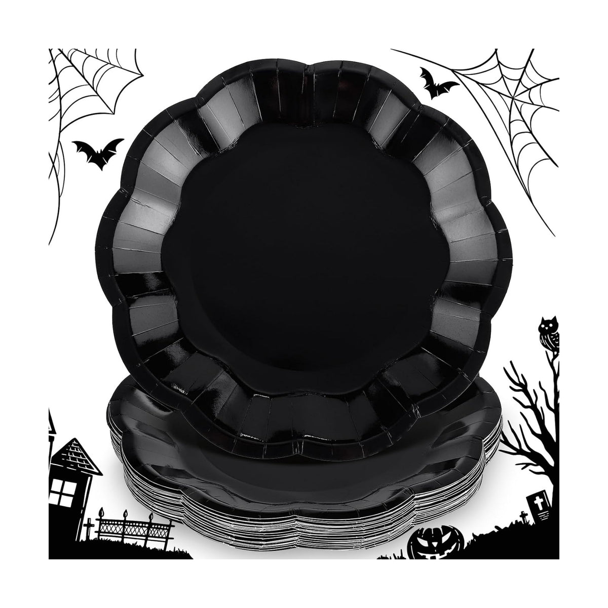 NatNarr 30 Pcs Black Paper Plates, 9 Inch Scalloped Halloween Dinner Plate