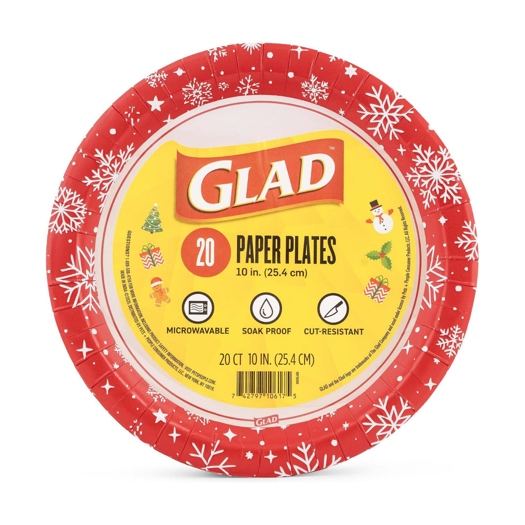 Glad Disposable Paper Plates, Holiday Red Snowflake, 10 Inch, 20 Count