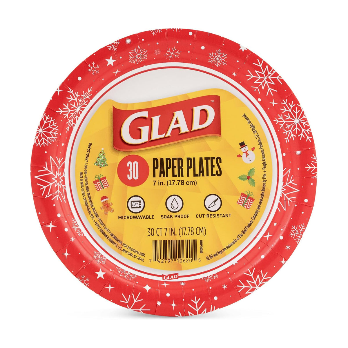 Glad Disposable Paper Plates, Holiday Red Snowflake, 7 Inch, 30 Count