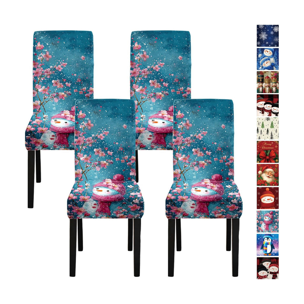 Snowman Chair Covers Set of 4, Stretchable Dining Chair Slipcovers with Pink Cherry Blossoms for Christmas Holiday Décor