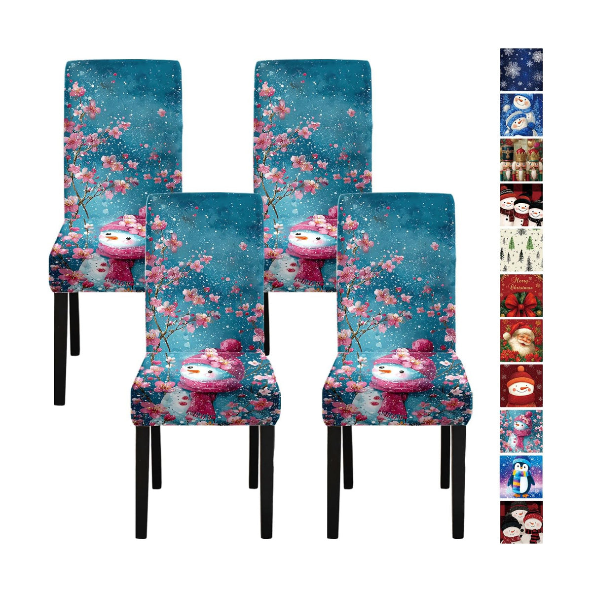 Snowman Chair Covers Set of 4, Stretchable Dining Chair Slipcovers with Pink Cherry Blossoms for Christmas Holiday Décor