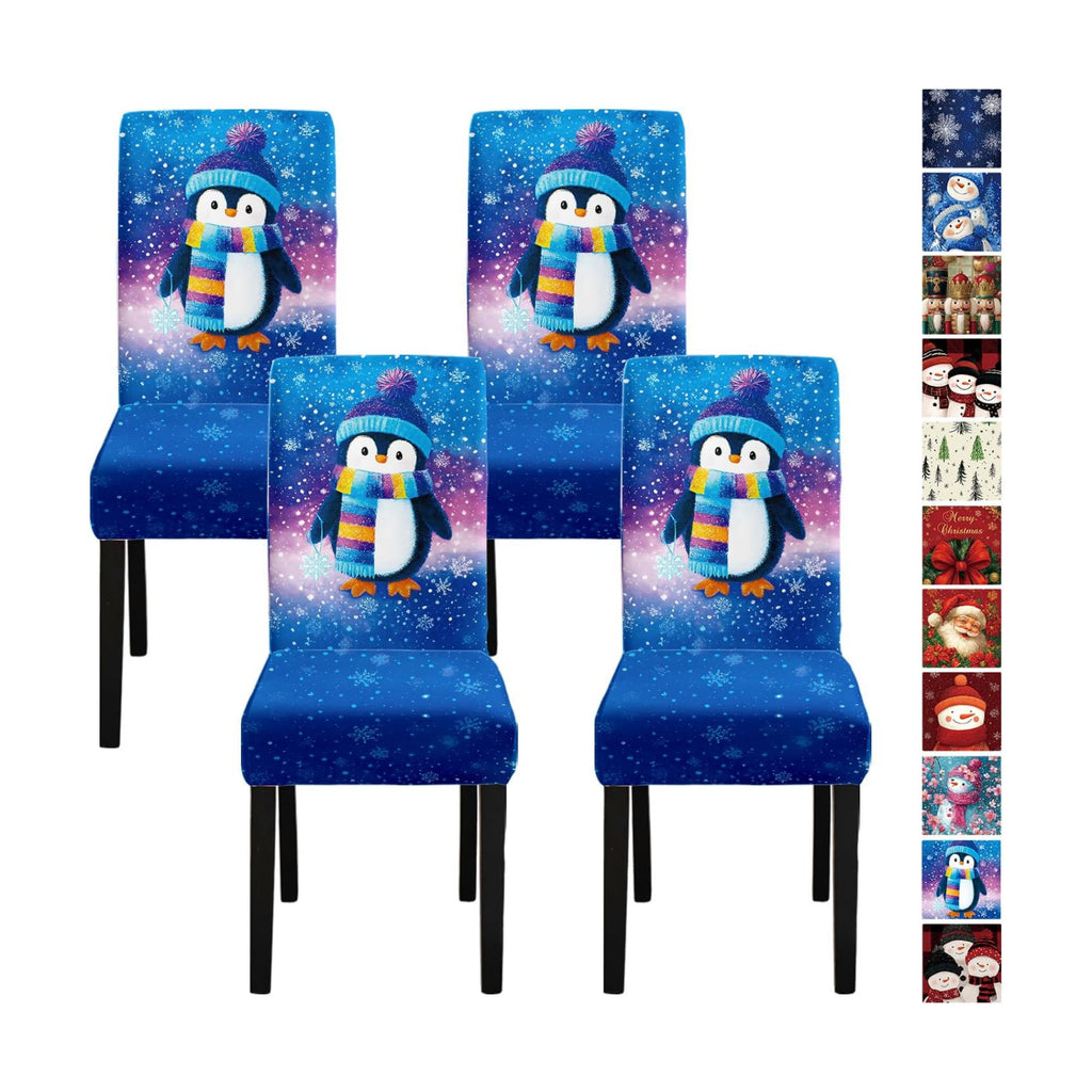Penguin Chair Covers Set of 4, Stretchable Winter Themed Dining Chair Slipcovers with Snowflakes for Christmas Holiday Decor
