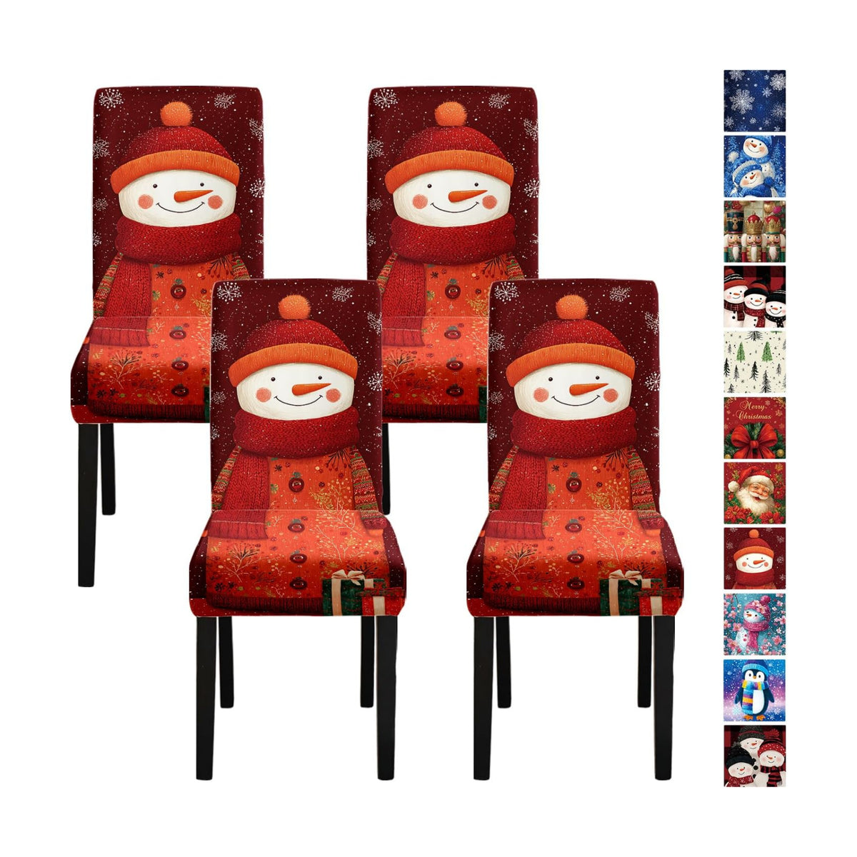 Christmas Chair Covers Set of 4, Snowman with Gifts Dining Chair Slipcovers, Stretchable Holiday Chair Protectors with Snowflakes