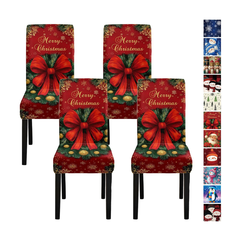 Christmas Chair Covers Set of 4, Red Bow and Wreath Dining Chair Slipcovers with Pinecones and Snowflakes, Stretchable Holiday Chair Protectors