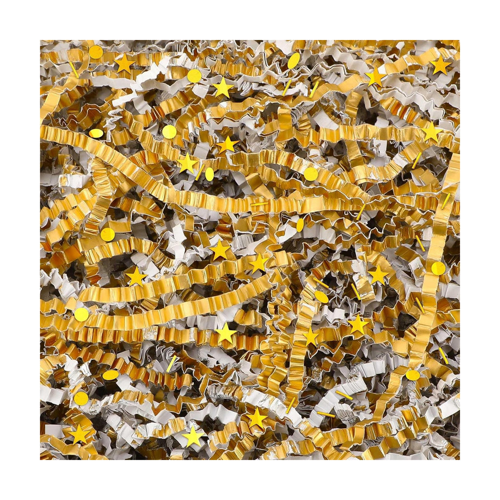 Jansun Metallic Gold White Crinkle Cut Paper, 115g/4oz Shred Filler with Gold Dots Stars Confetti for Christmas Halloween Wedding Gift Wrapping Craft DIY Basket Filling Holiday Party Decorations