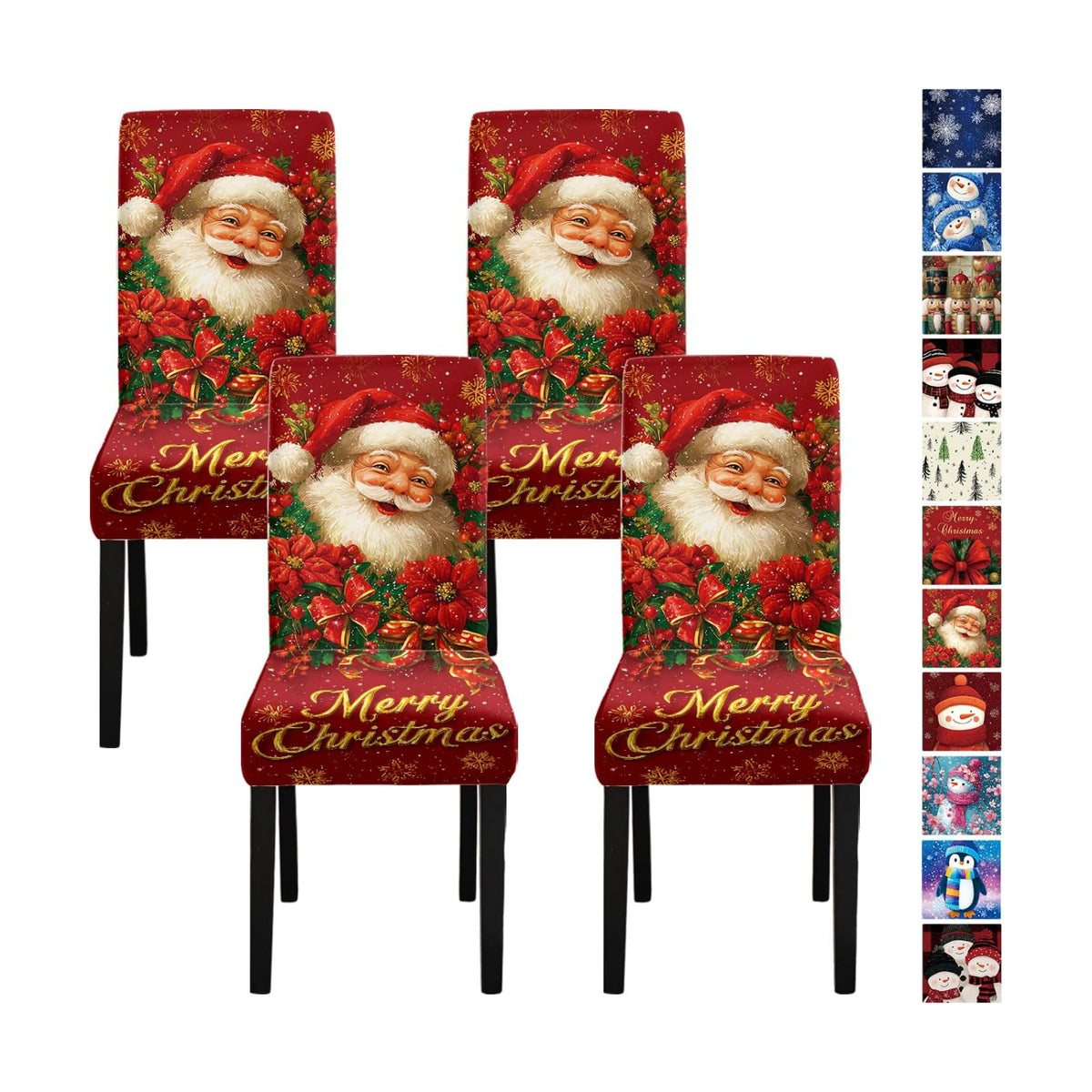 Christmas Chair Covers Set of 4, Santa Claus Dining Chair Slipcovers with Poinsettia Flowers and “Merry Christmas” for Holiday Décor