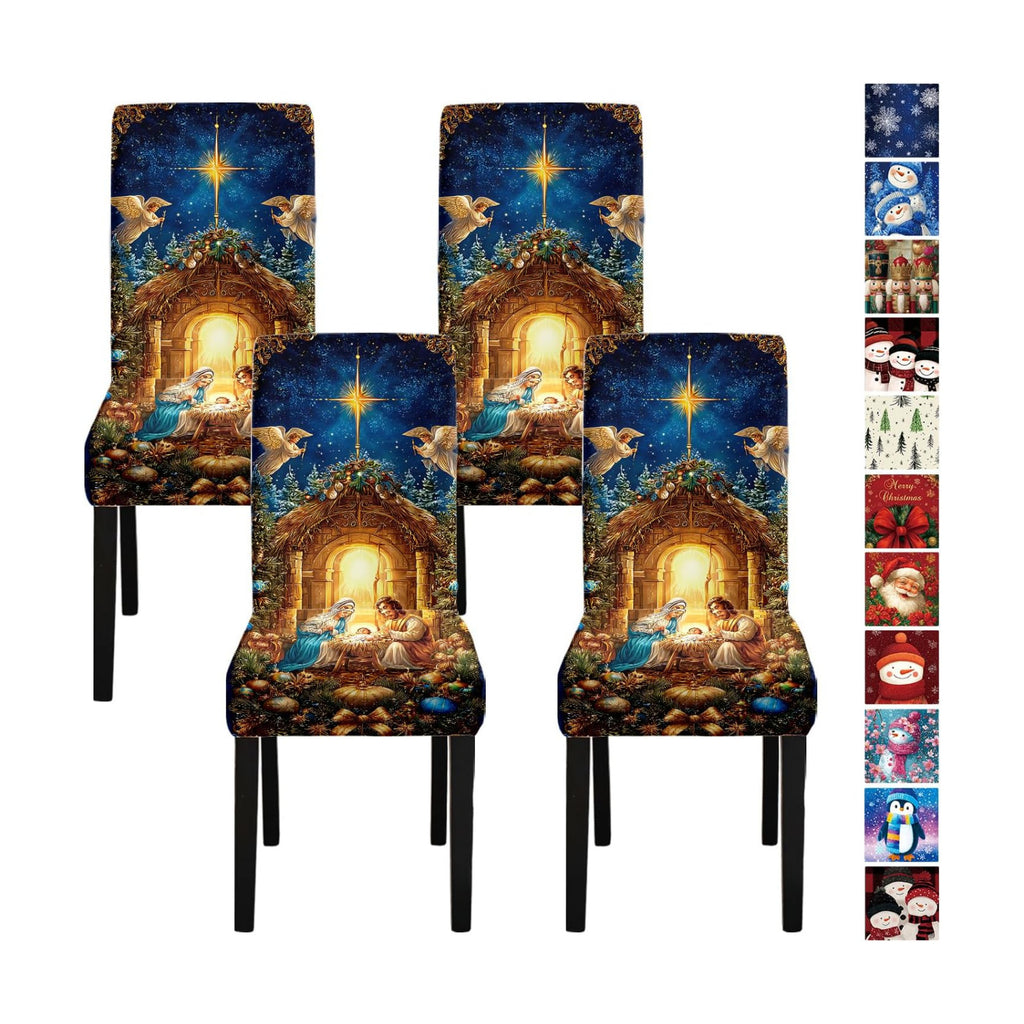 Nativity Scene Chair Covers Set of 4, Stretchable Dining Chair Slipcovers with Christmas Angels and Star for Holiday Décor