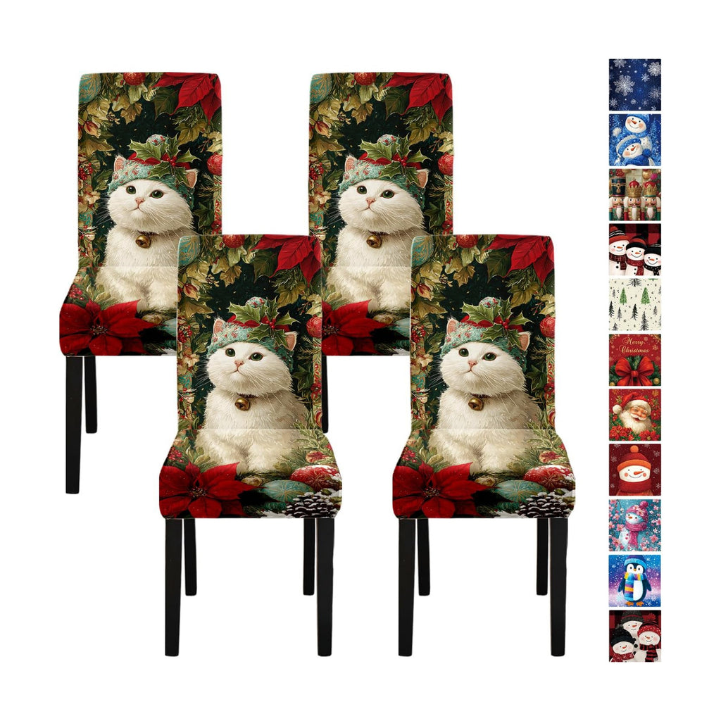 Christmas Chair Covers Set of 4, Cute Cat Dining Chair Slipcovers with Poinsettia, Pinecones, and Ornaments, Stretchable Holiday Chair Protectors