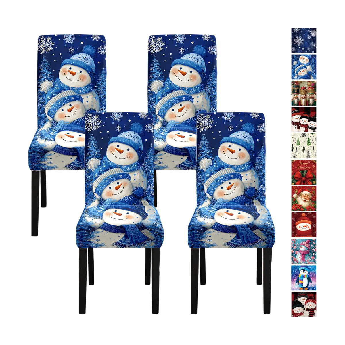 Snowman Chair Covers Set of 4, Stretchable Dining Chair Slipcovers with Snowflakes and Winter Trees for Christmas Holiday Decor