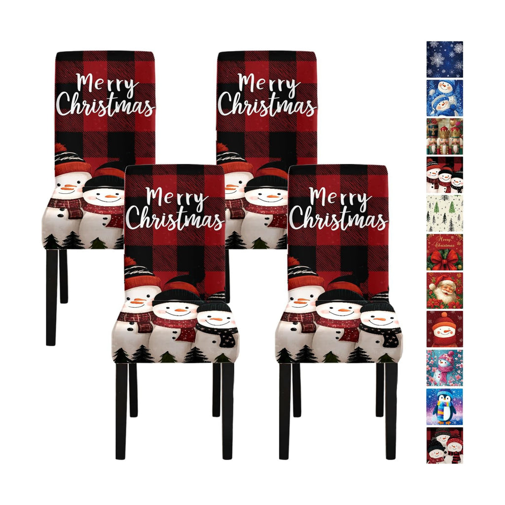 Merry Christmas Snowman Chair Covers Set of 4, Stretchable Dining Chair Slipcovers with Red Plaid and Christmas Trees for Holiday Decor