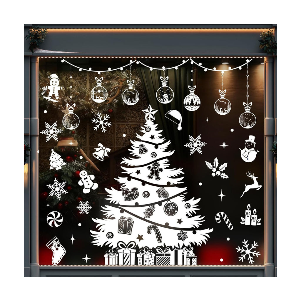 Whaline 6 Sheets Large Christmas Window Clings White Xmas Tree Ornament Reusable Anti-Collision Windows Decals for Winter Home School Office Party Decor Supplies