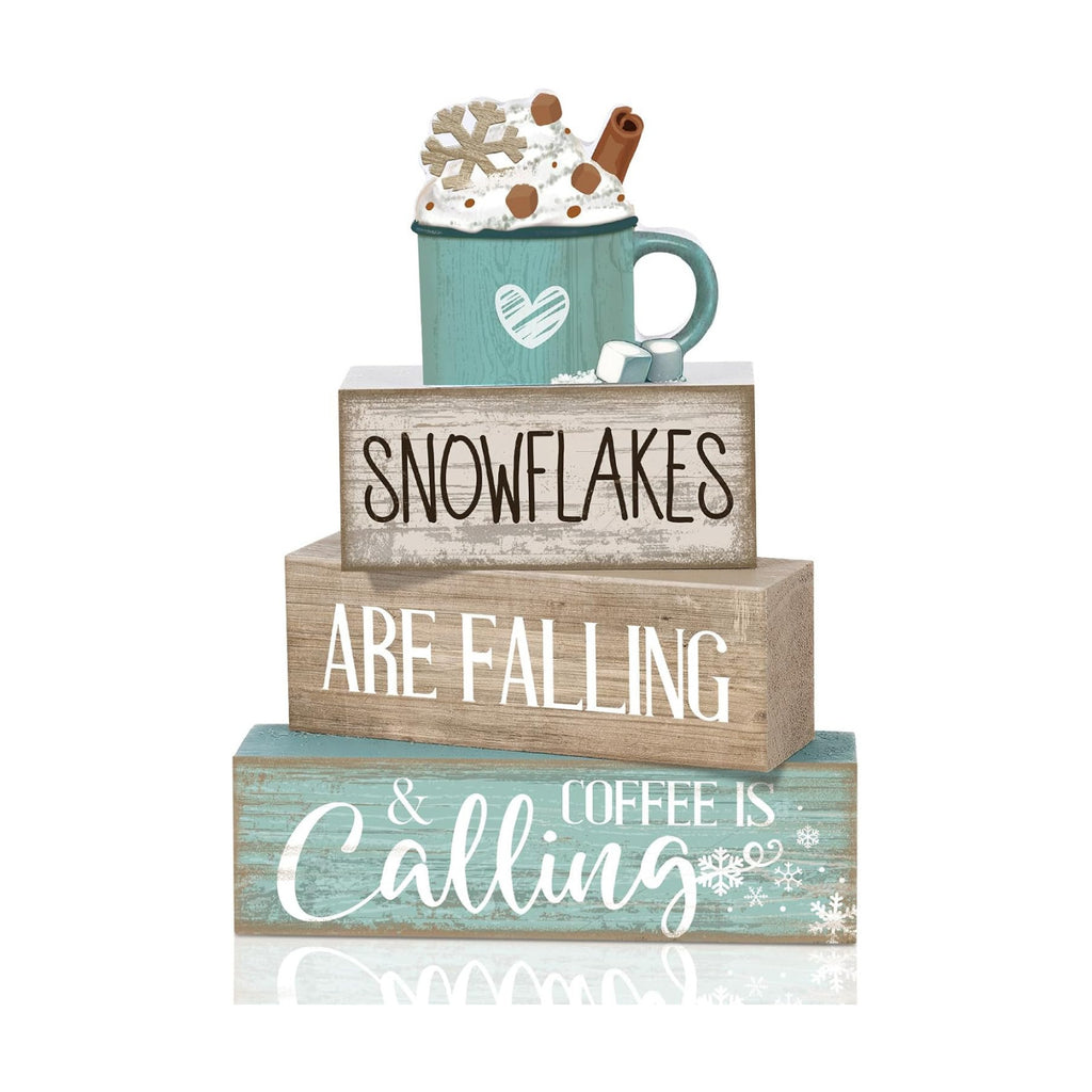Moucuny 4 Pcs Wooden Block Signs Farmhouse Table Decor Winter Coffee Cup