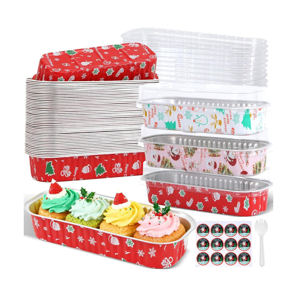100Pack Christmas Mixcolor Mini Cake Pans with Lids and Spoons Mini Loaf Pans with Lids, 6.8Oz Aluminum Foil Pans Tins, Individual Dessert Cups Containers for Sales,Party,Picnics