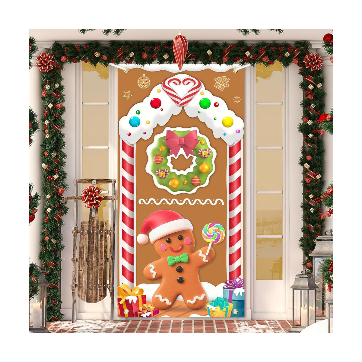 Christmas Door Cover Gingerbread Man Decoration Xmas Large Photography Background Banner Porch Sign for Winter Ginger Bread House Indoor Outside Front Door Banner Farmhouse Party Supplies 6 x 3 Feet