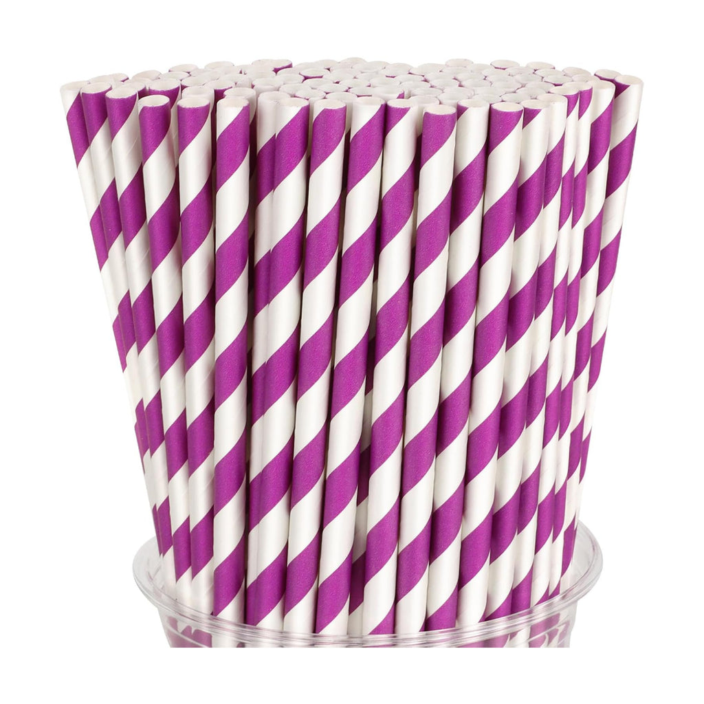 100 Packs Purple Biodegradable Striped Paper Straws, Disposable Drinking Straws for Birthday Carnival Summer Pool Party Wedding Baby Shower Halloween Christmas Party Decoration Supplies
