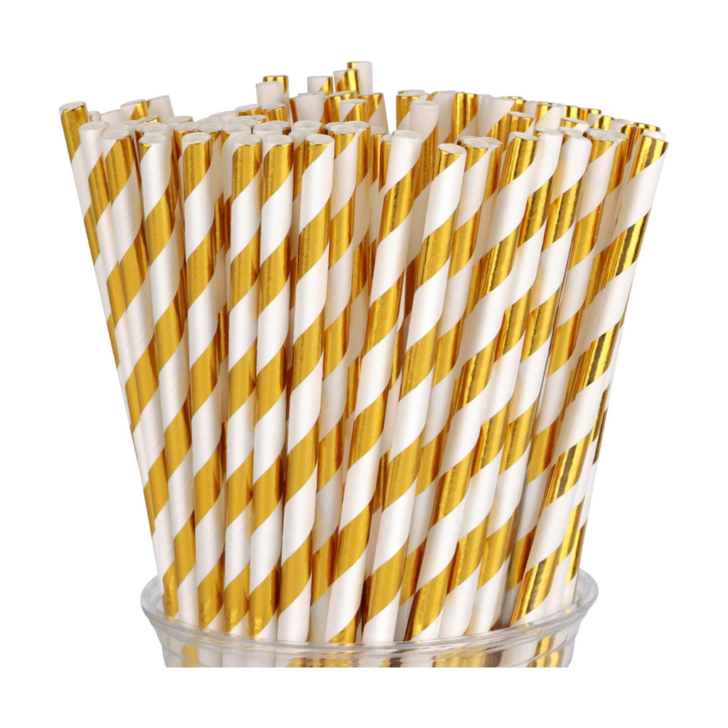 100 Packs Gold Biodegradable Striped Paper Straws, Disposable Drinking Straws for Birthday Carnival Summer Pool Party Wedding Baby Shower Halloween Christmas Party Decoration Supplies