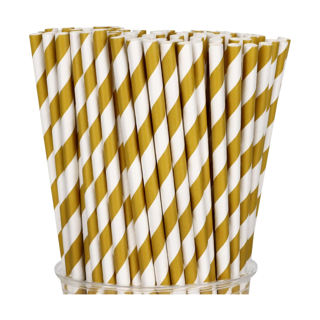 100 Packs Brown Biodegradable Striped Paper Straws, Disposable Drinking Straws for Birthday Carnival Summer Pool Party Wedding Baby Shower Halloween Christmas Party Decoration Supplies
