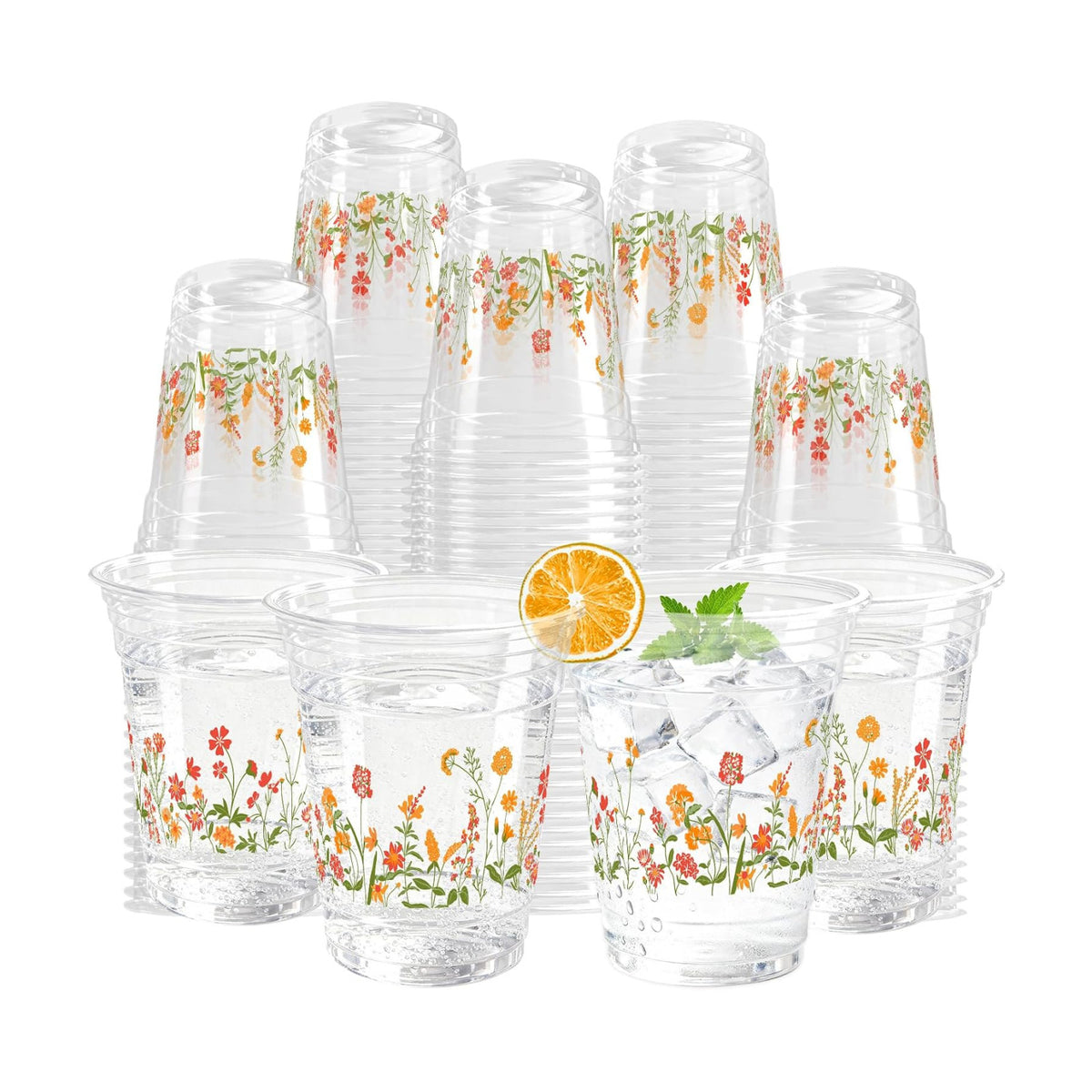 100 Pcs Fall Flower Plastic Cups 12oz Floral Wildflower Disposable Clear Cups for Autumn Birthday Fall Party Supplies