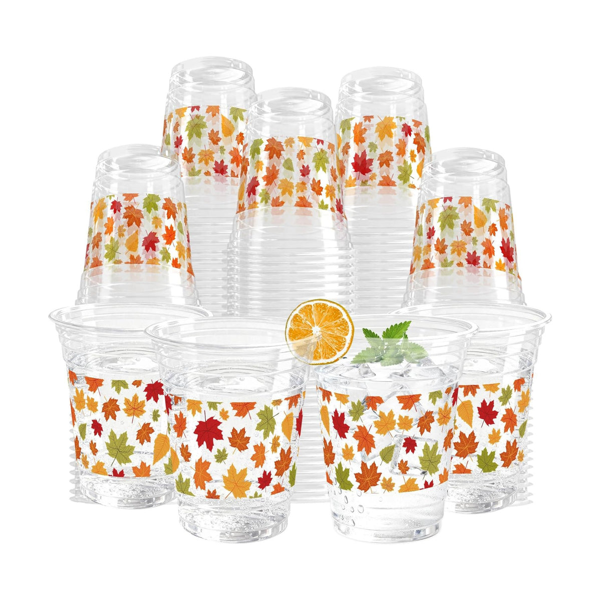 100 Pcs Fall Plastic Cups 12oz Maple Leaf Clear Disposable Plastic Cups for Harvest Autumn Fall Thanksgiving Birthday Party Supplies