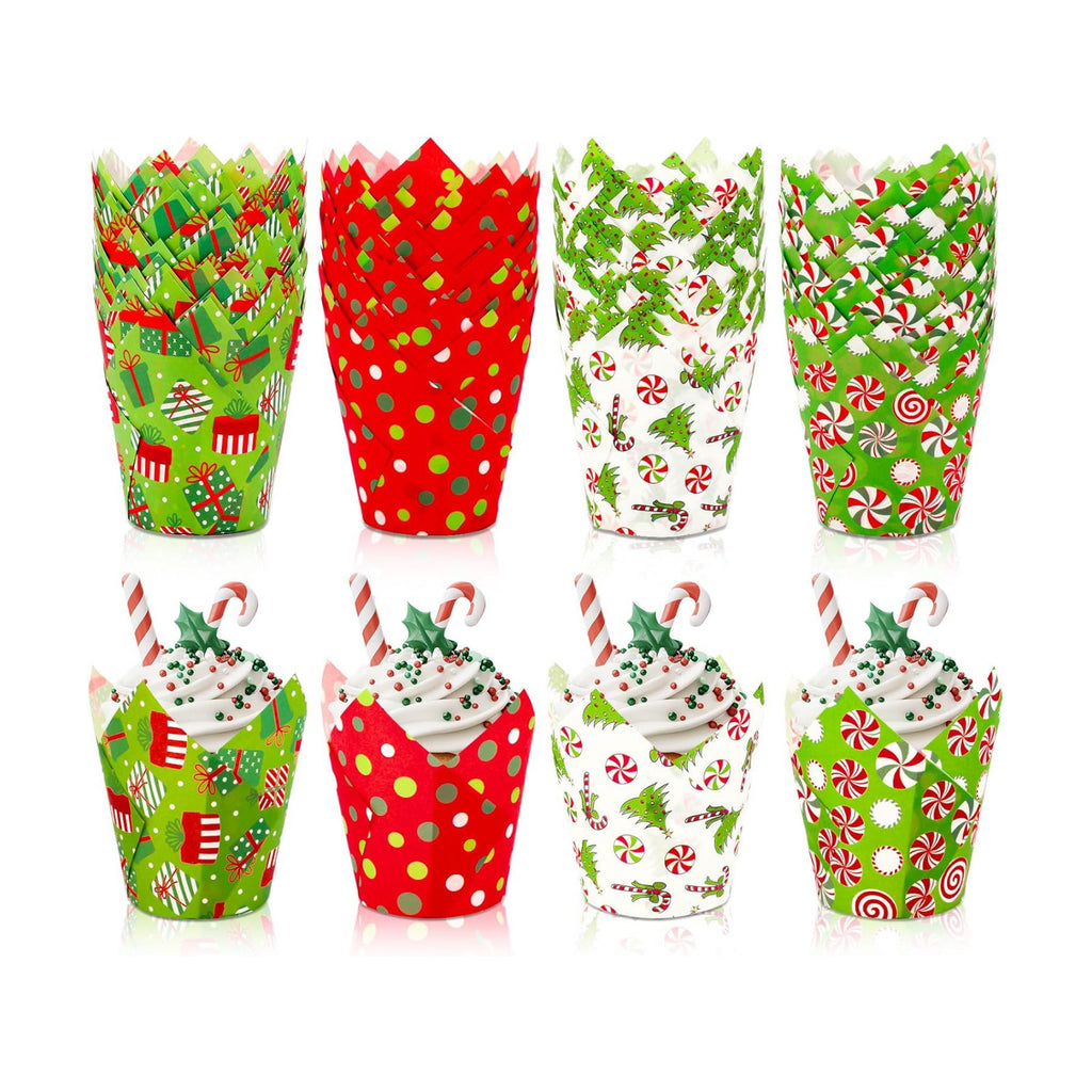 FYSUIMU 200Pcs Christmas Tulip Cupcake Liners Funny Cartoon Character Muffin Baking Cups Xmas Red Green Cupcake Wrappers for Winter Holiday Birthday Wedding Party Supplies Table Decor