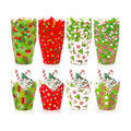 FYSUIMU 200Pcs Christmas Tulip Cupcake Liners Funny Cartoon Character Muffin Baking Cups Xmas Red Green Cupcake Wrappers for Winter Holiday Birthday Wedding Party Supplies Table Decor