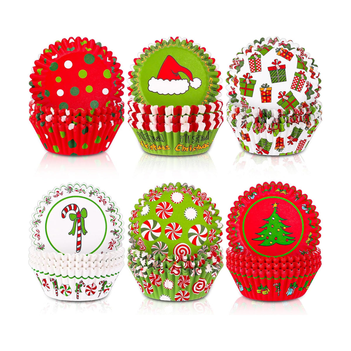 FYSUIMU 300Pcs Christmas Cupcake Liners Funny Cartoon Character Paper Baking Cups Xmas Red Green Standard Muffin Cupcake Wrappers for Holiday Party Supplies Table Decor